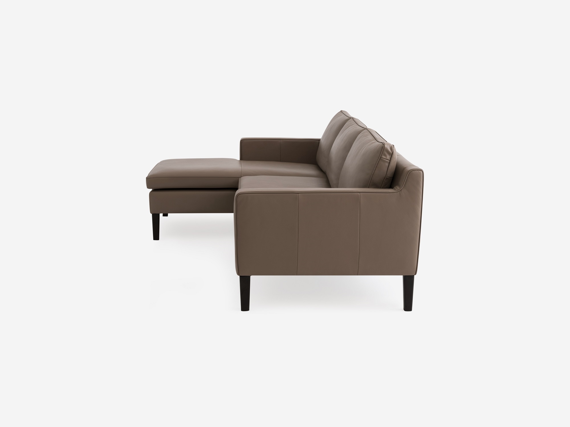 Side view of the Skye modern sectional sofa in grey leather with left hand facing chaise